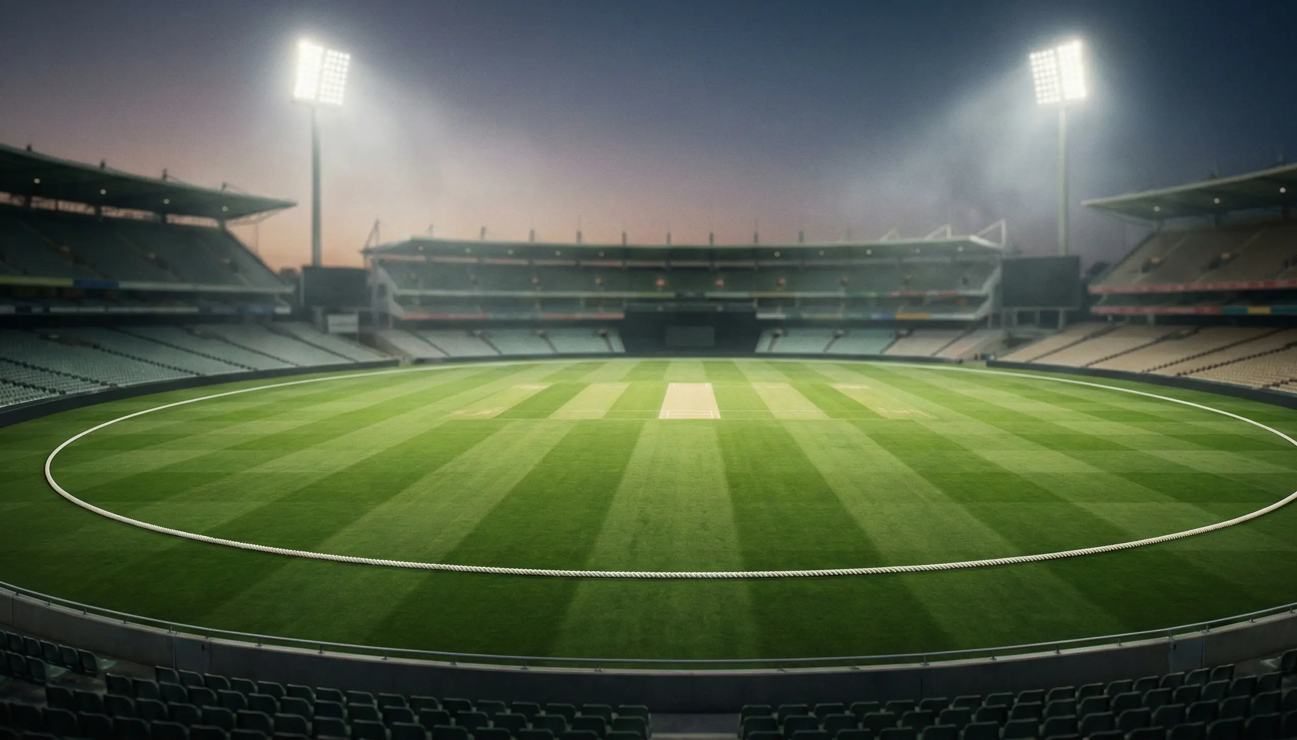 Cricket stadium with green pitch under bright floodlights during evening match