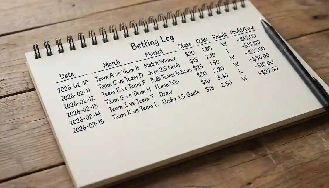 Open notebook with handwritten betting records and pen on wooden desk