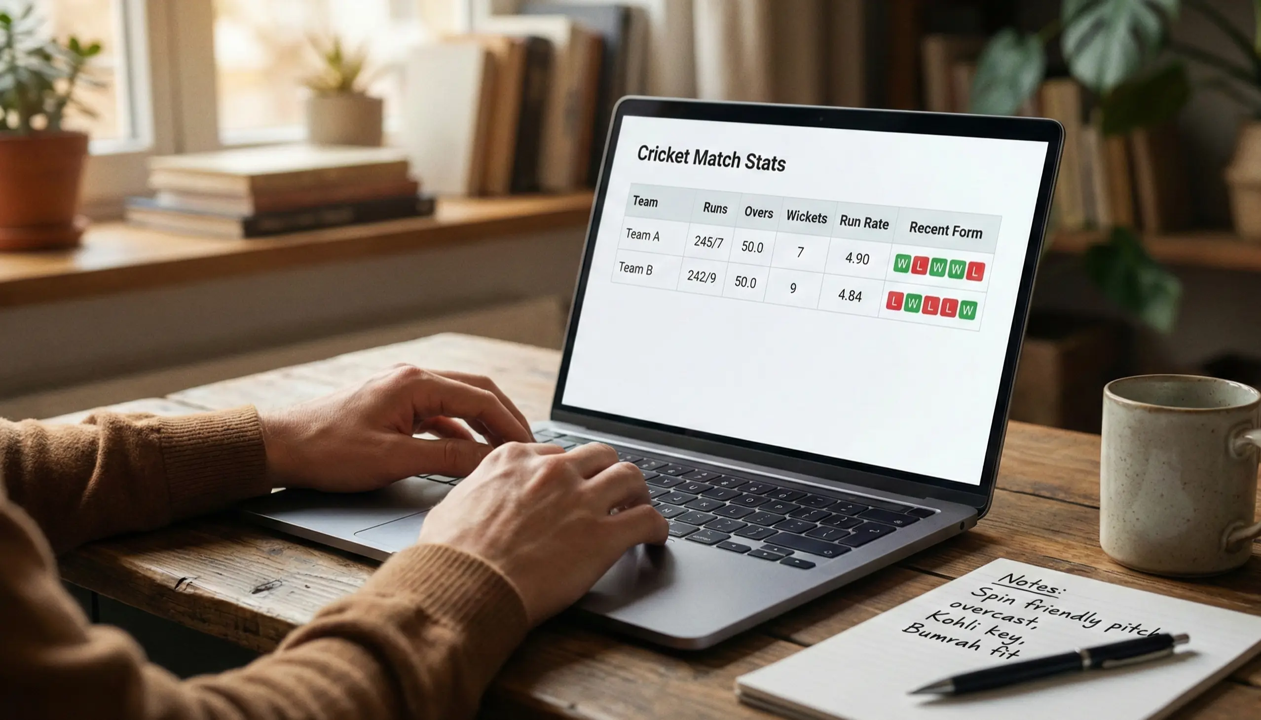 Person researching cricket statistics on laptop with notepad beside