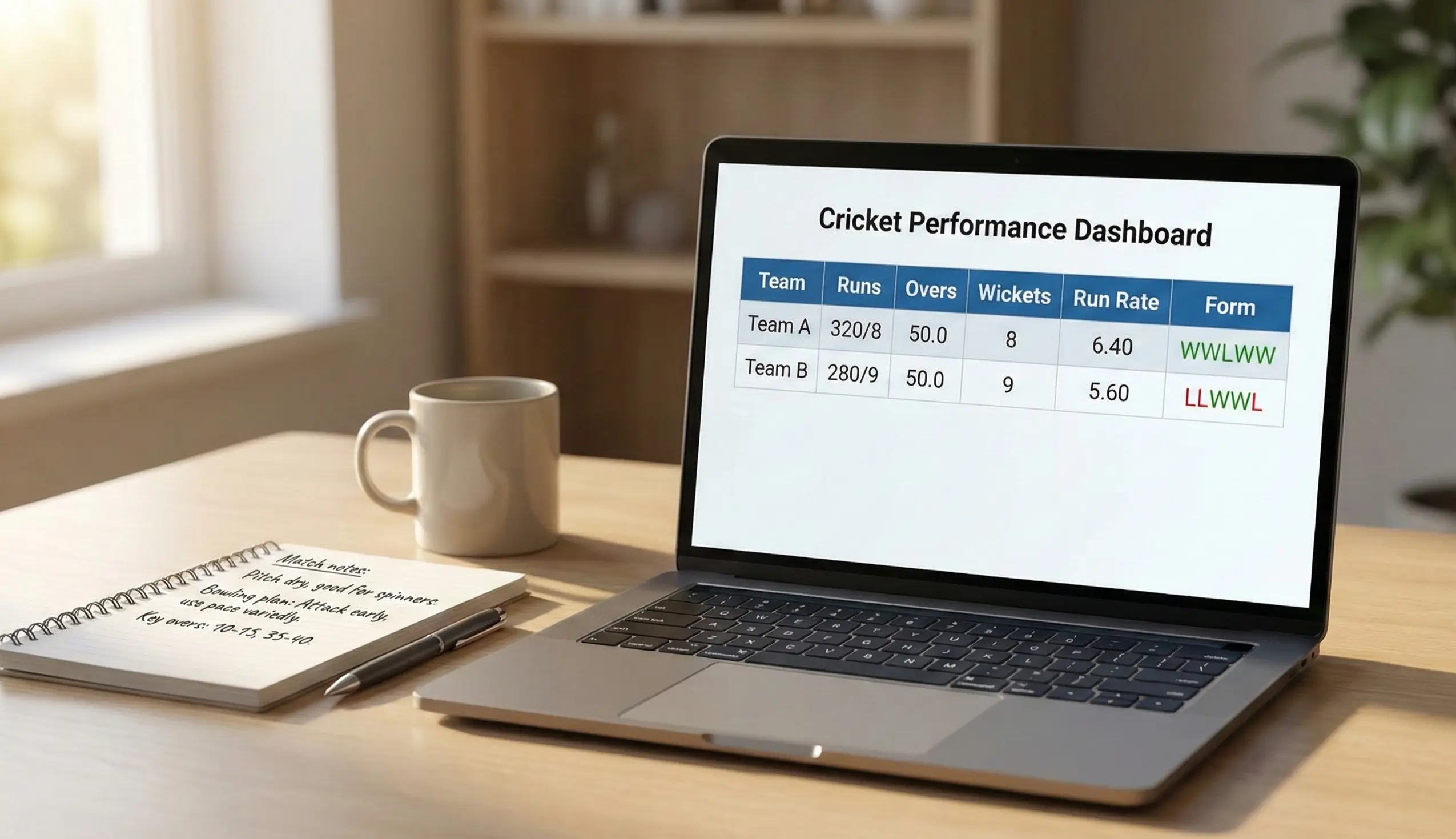 Laptop showing cricket statistics with notepad and coffee on desk