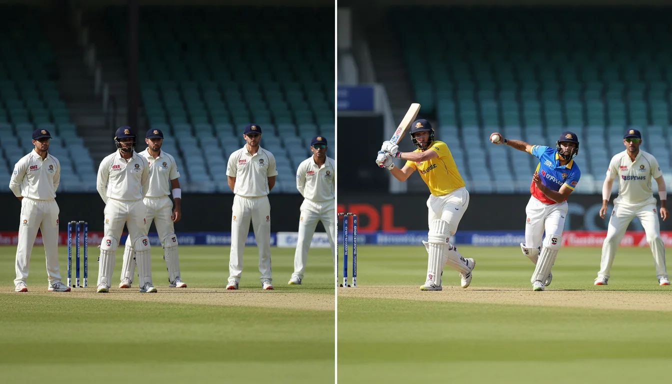 Split view of cricket field showing Test whites and colorful T20 uniforms
