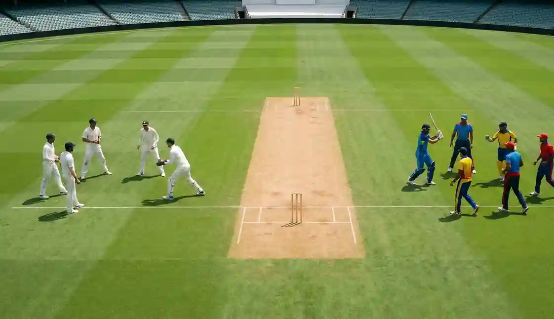 Cricket ground showing different match formats with players in various uniforms