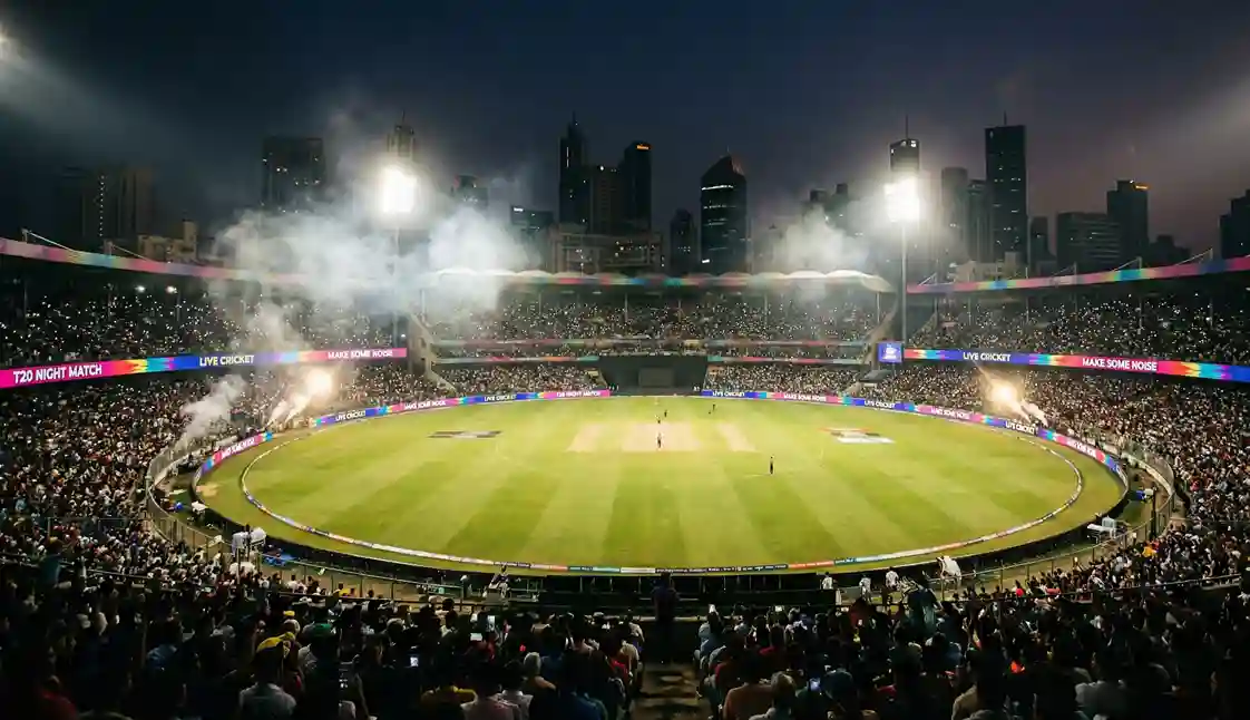 Packed Indian cricket stadium at night with colorful lights during IPL match