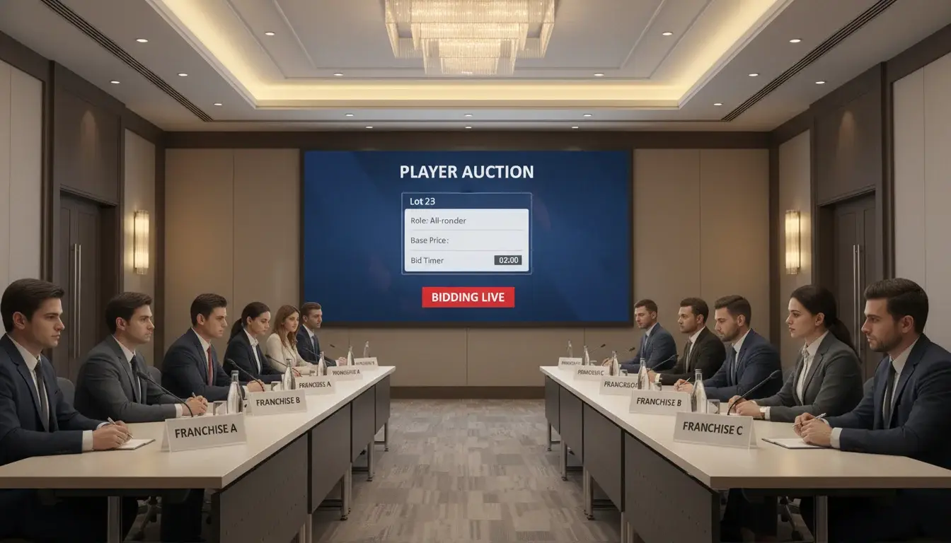 Professional conference room setting with team representatives during cricket auction