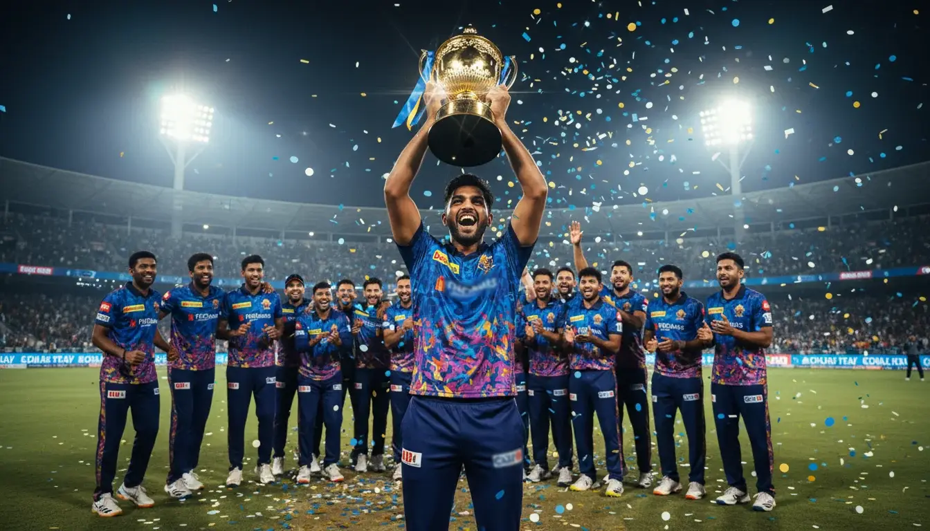 Cricket team celebrating with IPL trophy under confetti and stadium lights