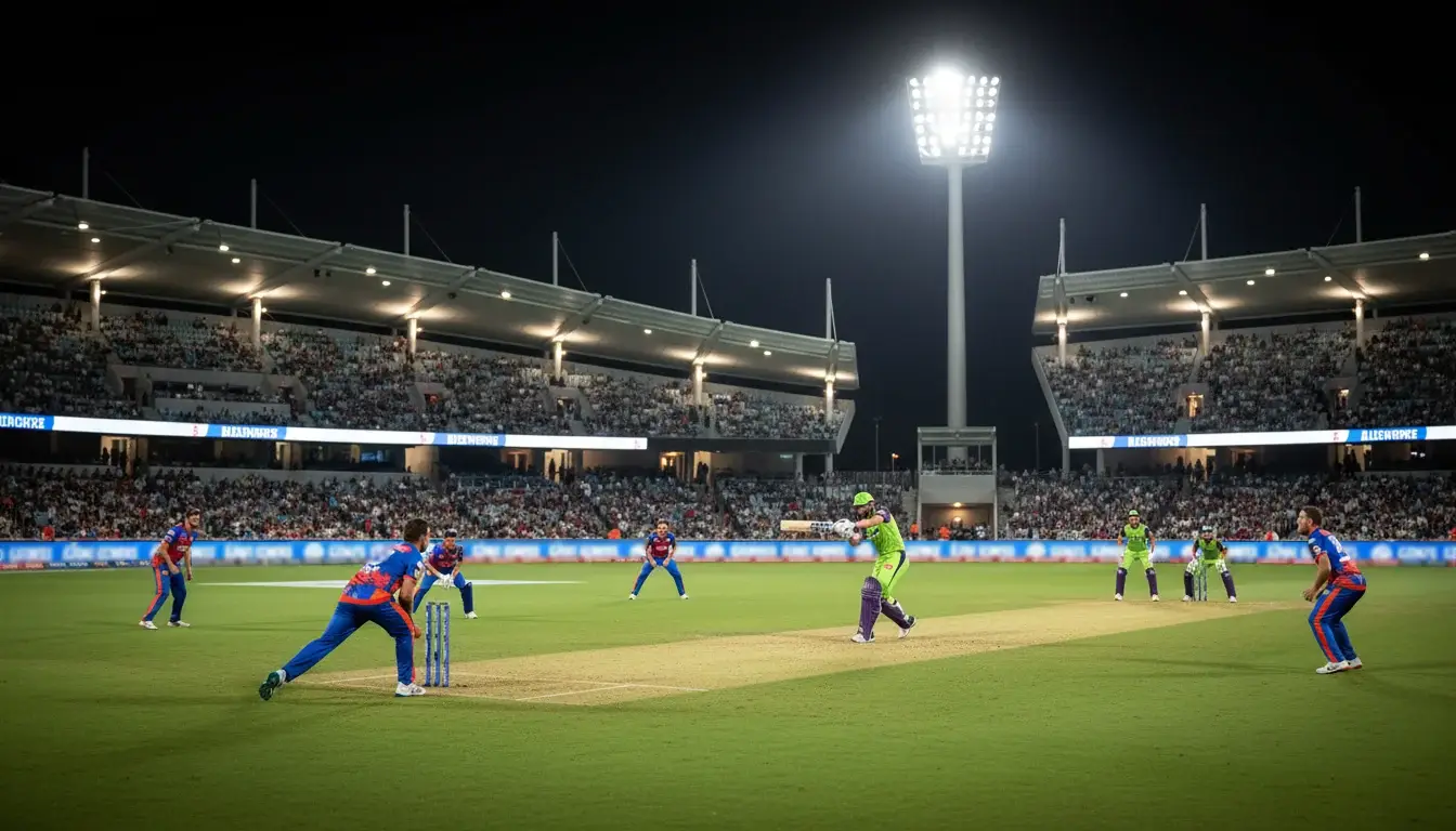 Big Bash League cricket match under lights at Australian stadium with crowd