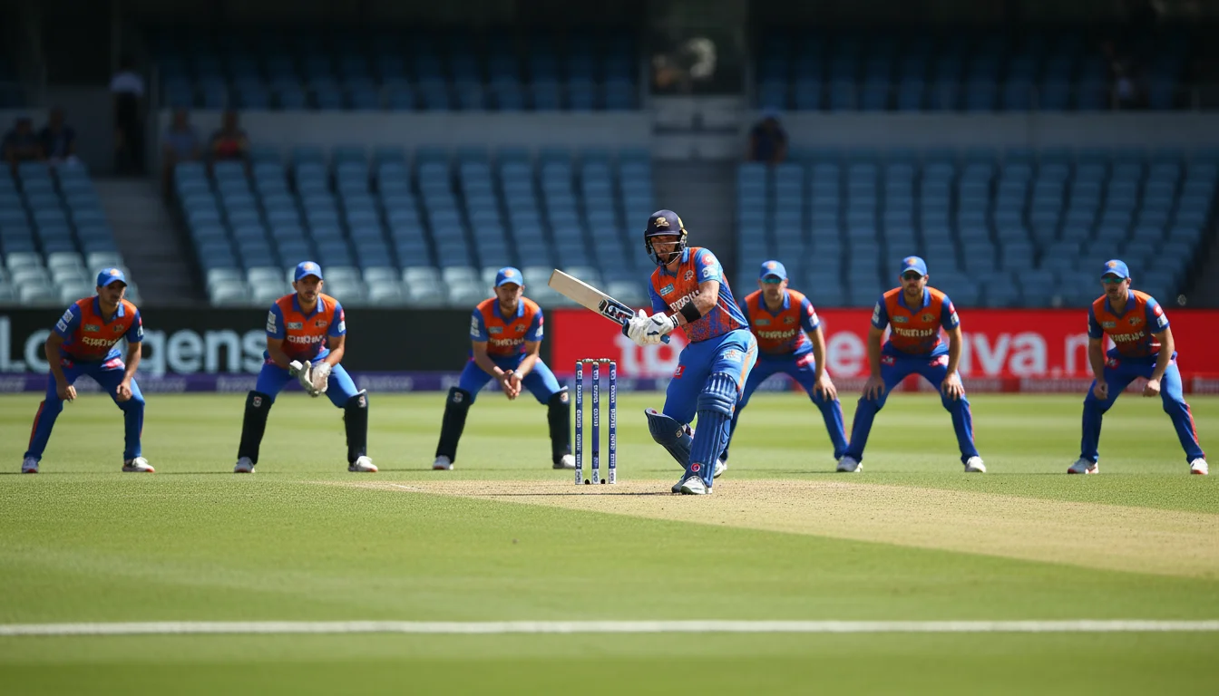 Cricket fielders positioned inside inner circle during power surge with batsman ready