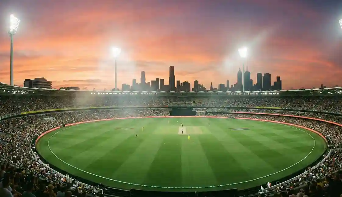 Australian cricket stadium during Big Bash League evening match with city skyline