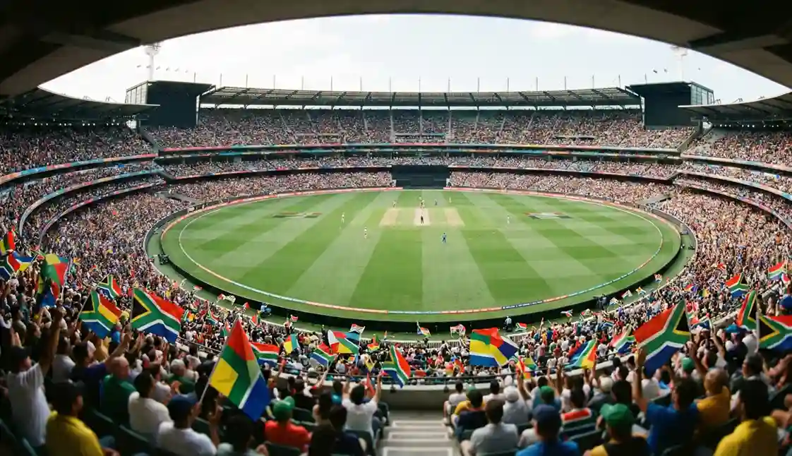 Packed international cricket stadium during World Cup match with national flags