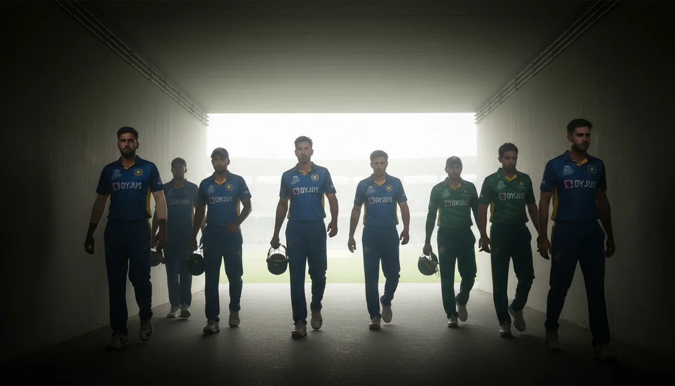 Cricket players walking onto field through player tunnel for knockout match