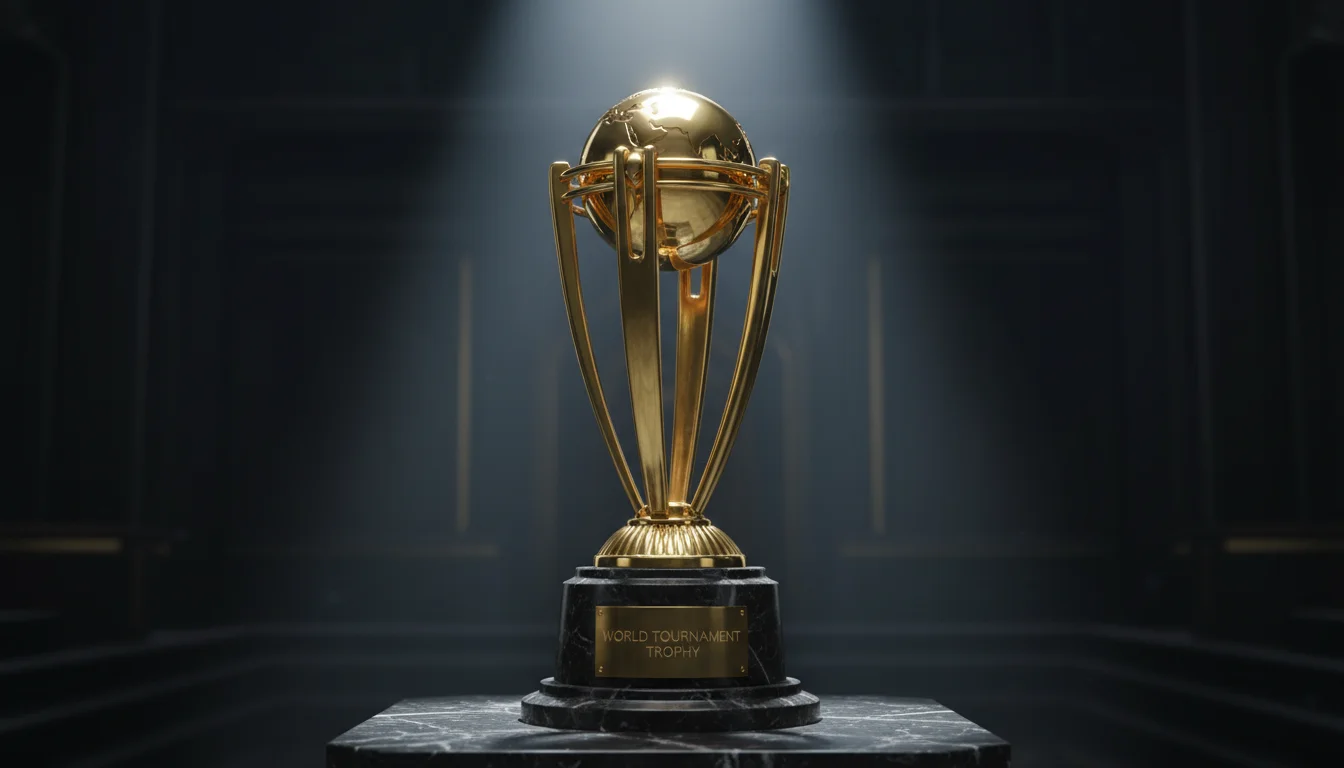 ICC Cricket World Cup trophy displayed on pedestal with dramatic lighting