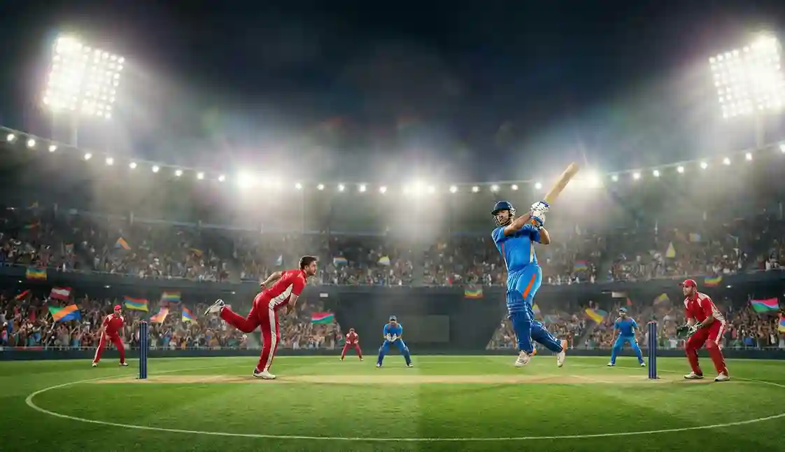 T20 World Cup cricket match with colorful team uniforms and packed stadium