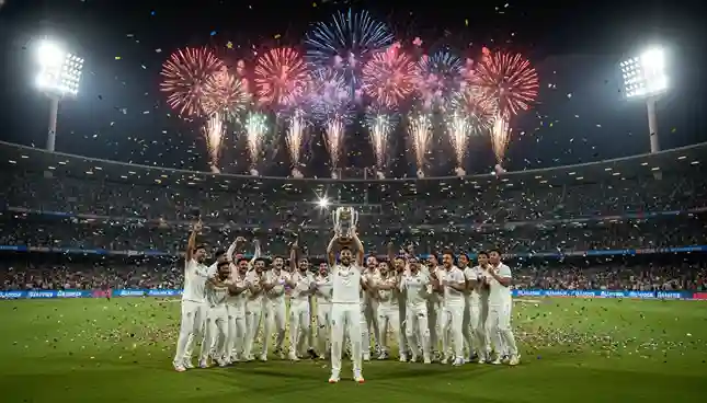 Fireworks and celebrations at T20 World Cup final in stadium at night
