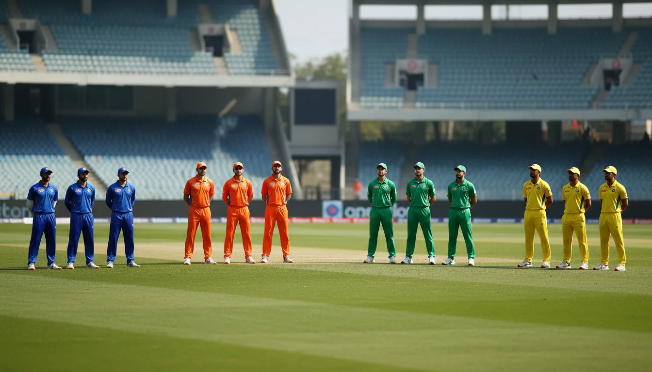 Multiple national cricket teams in colorful jerseys lined up before tournament match