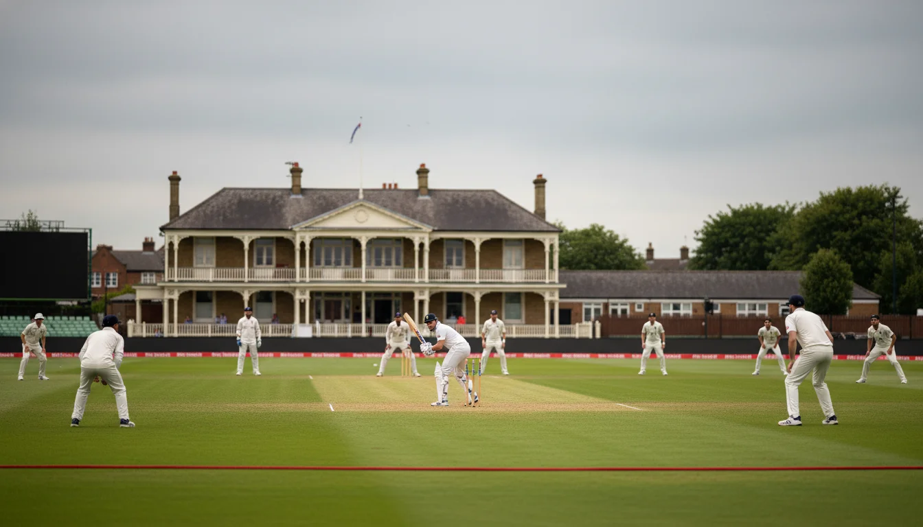 Test cricket match at historic English ground with traditional pavilion visible