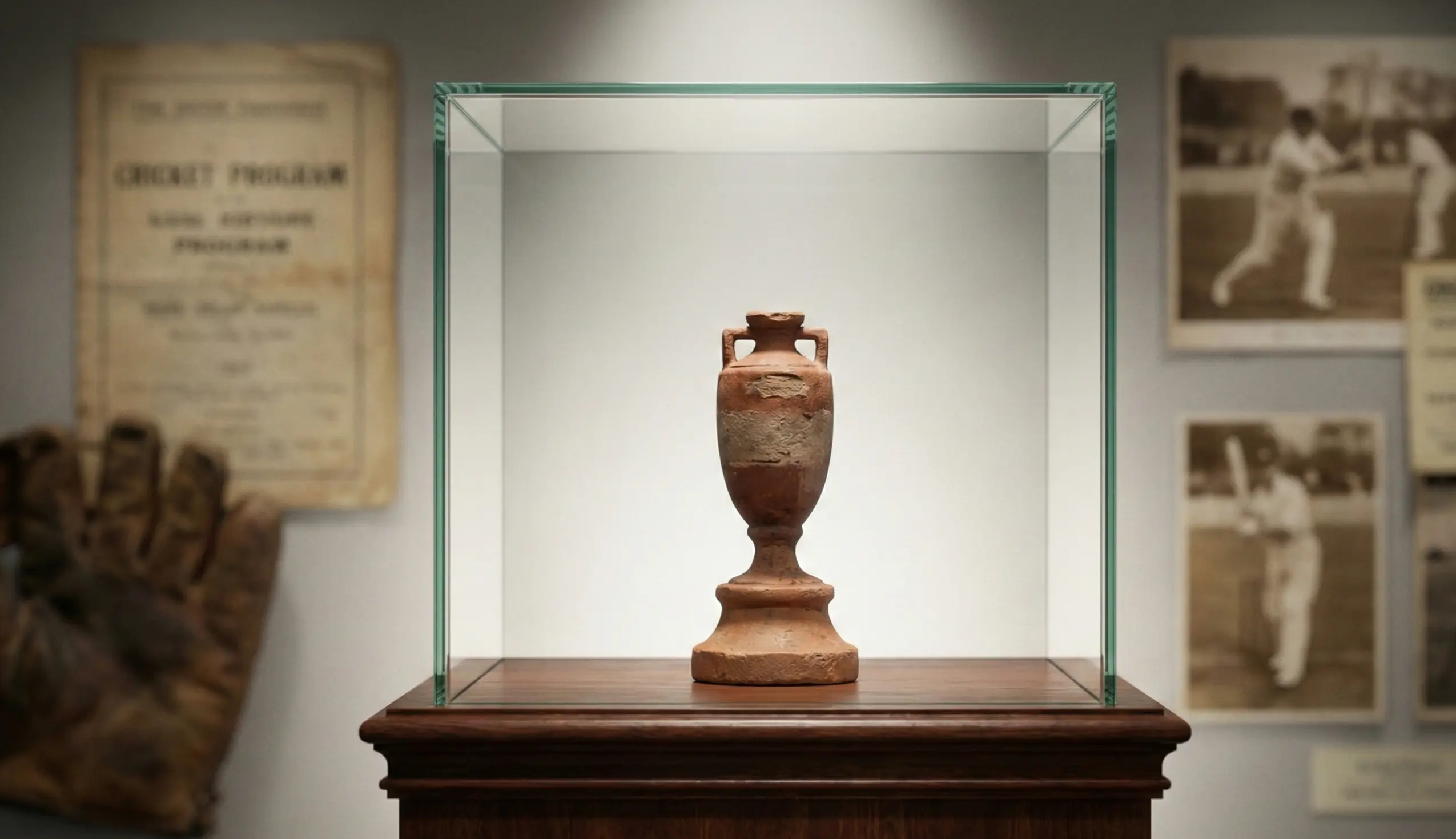 Historic Ashes urn trophy displayed with cricket memorabilia in background