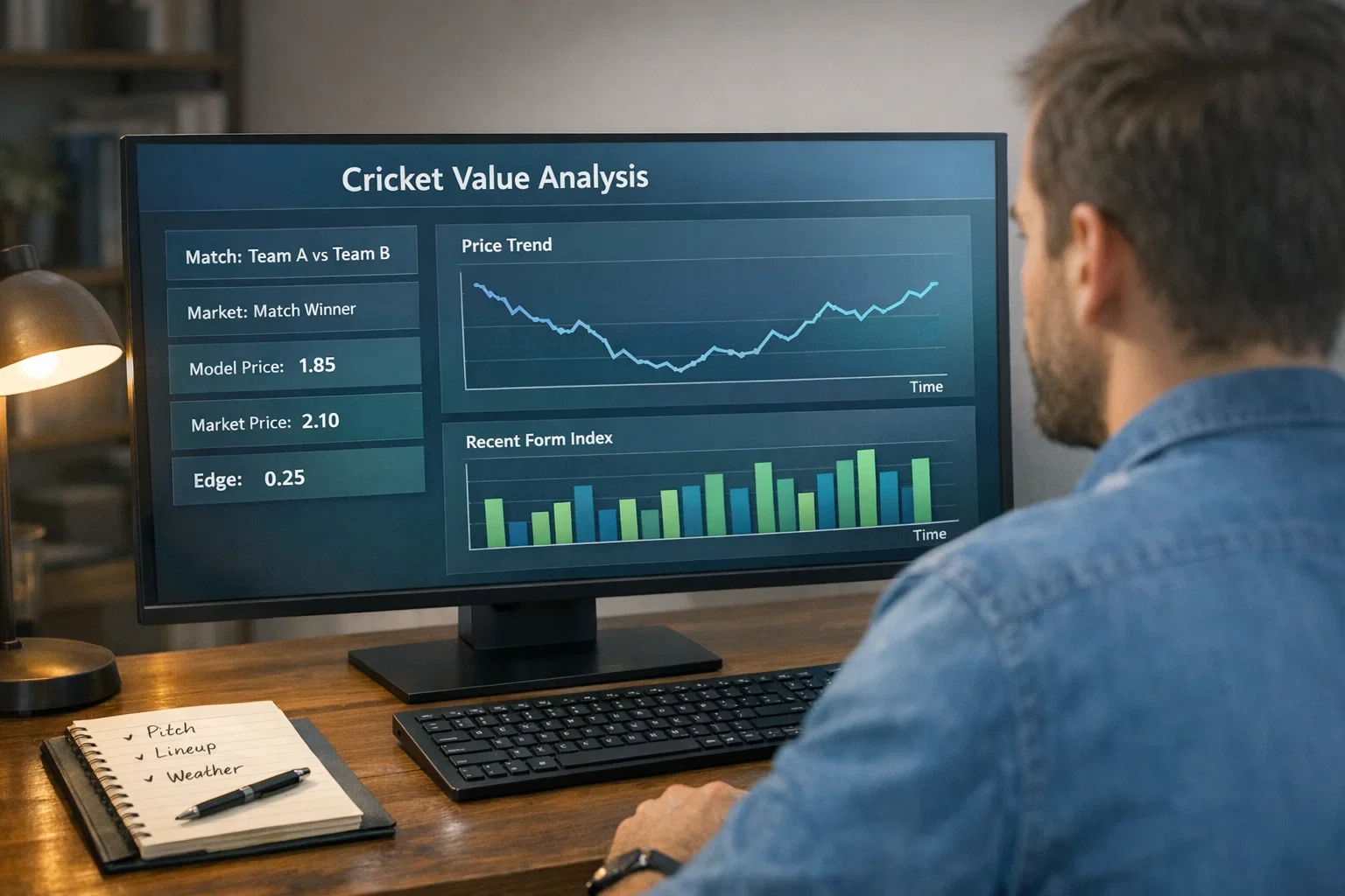Person analyzing cricket betting data on computer screen with charts