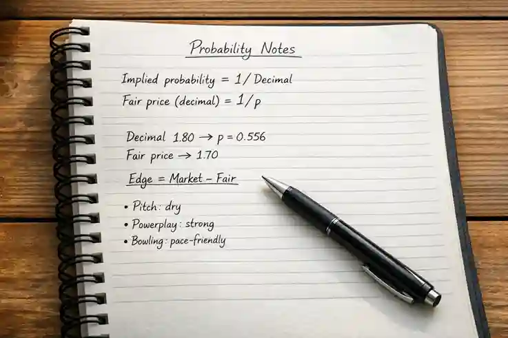 Notebook with handwritten probability calculations and cricket match notes