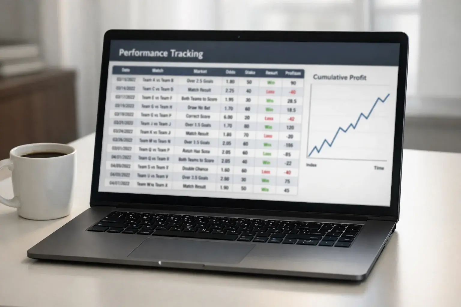 Laptop displaying betting performance tracking spreadsheet with statistics