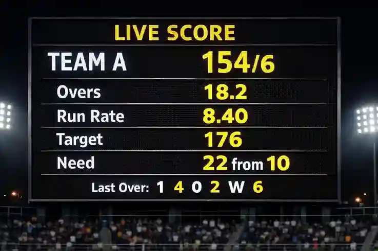 Stadium scoreboard showing live cricket match statistics and scores