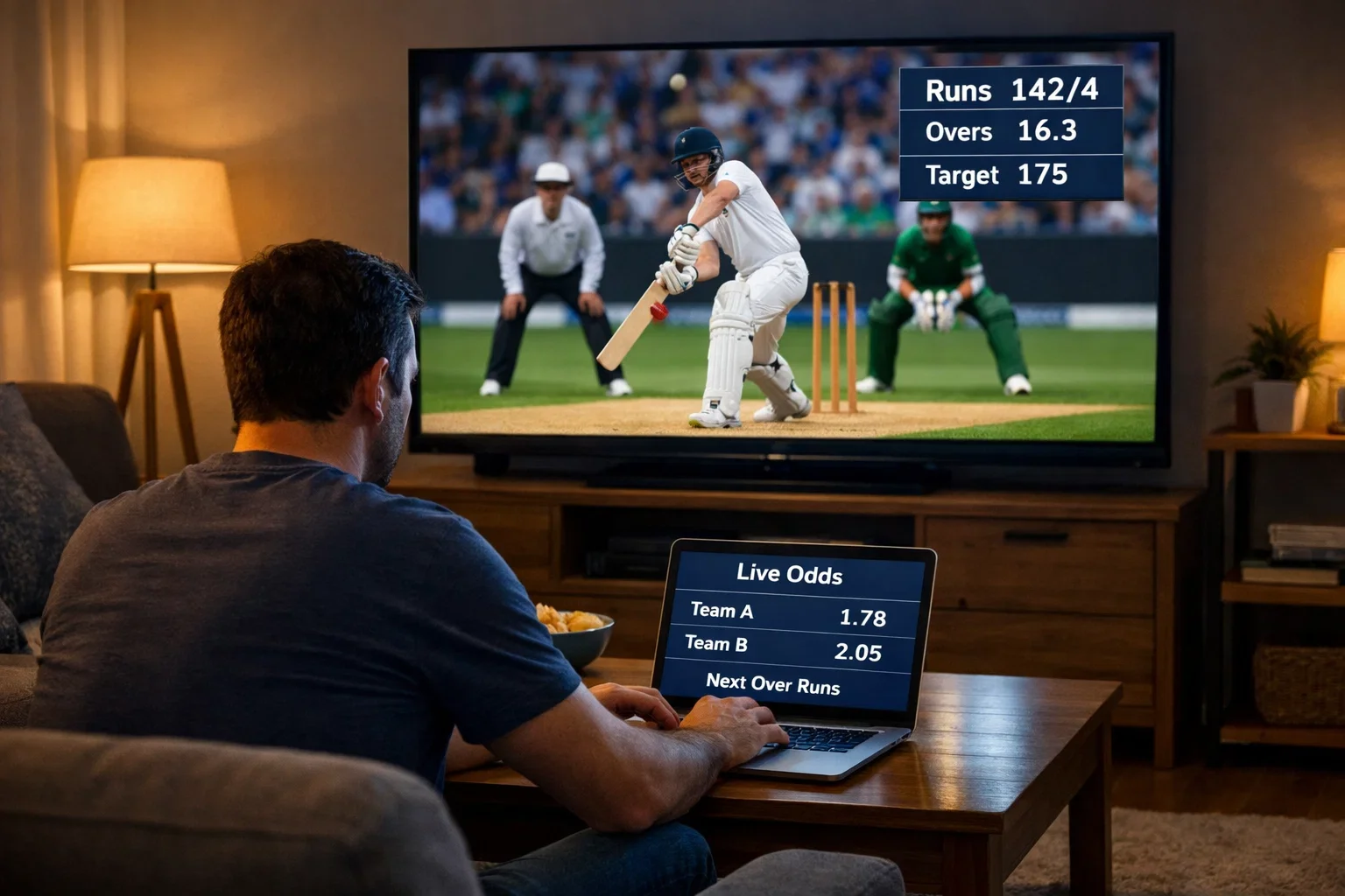 Person watching live cricket match on TV while using laptop for betting