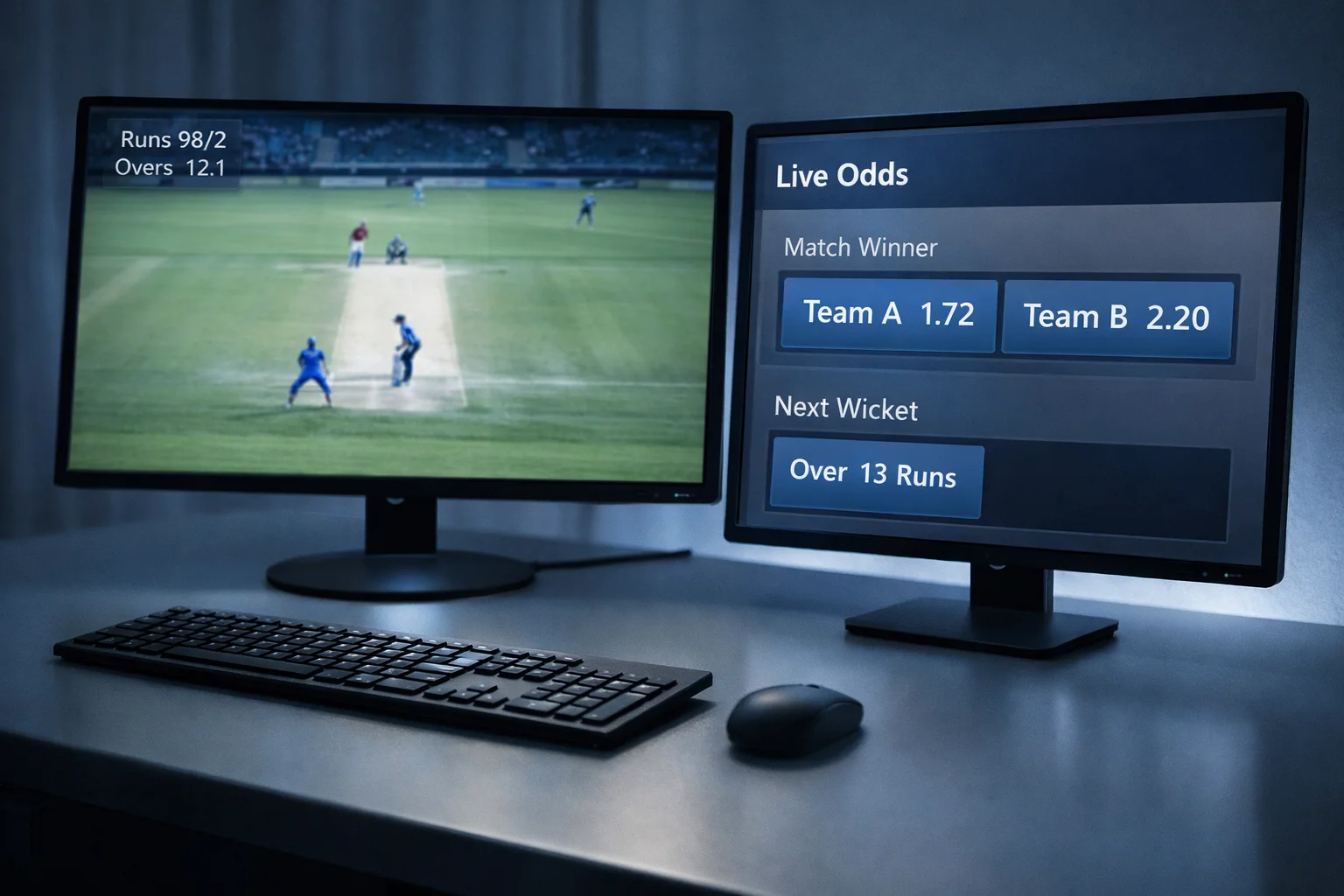 Multiple screens showing cricket match broadcast and live betting odds