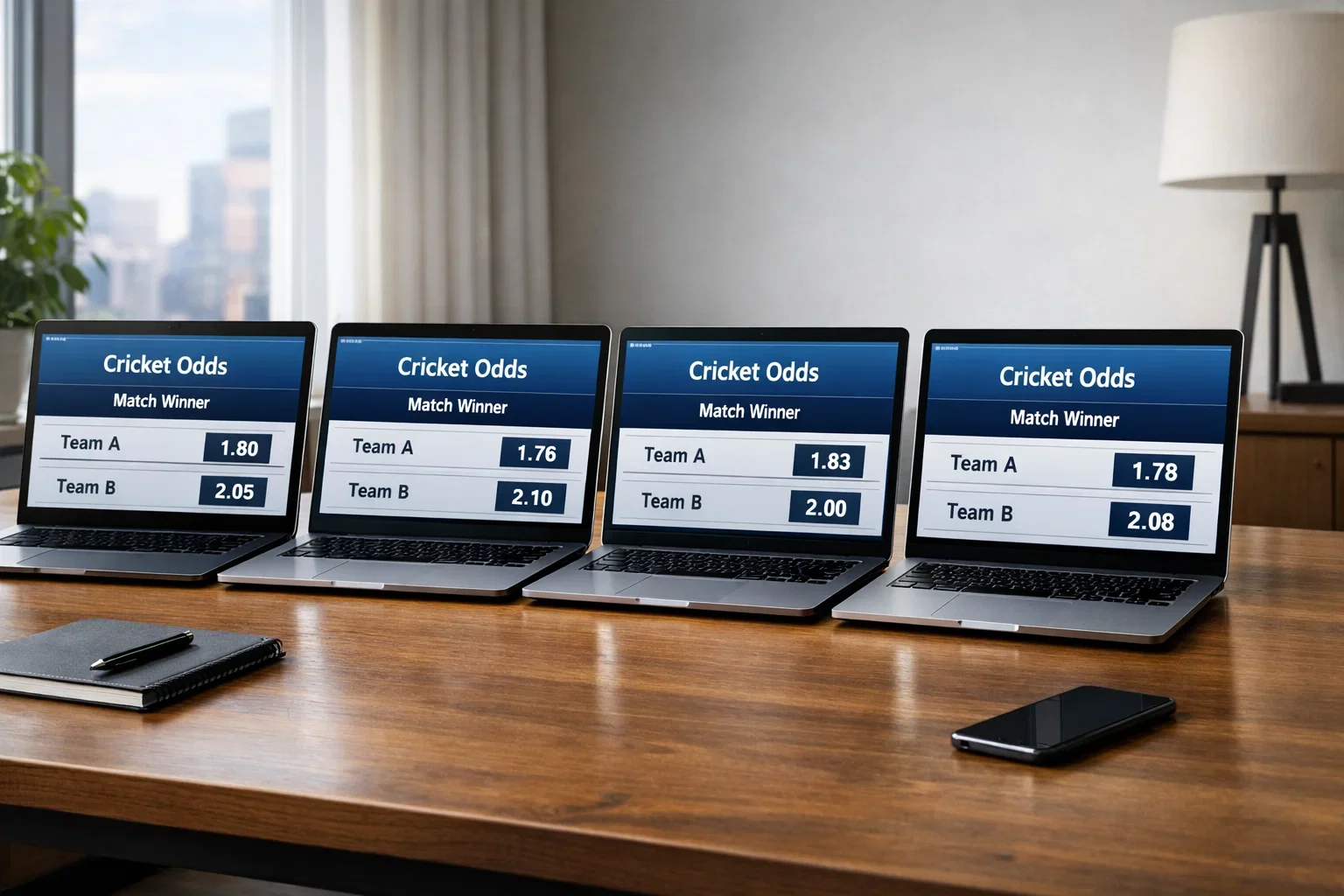 Multiple laptop screens showing different bookmaker odds for comparison