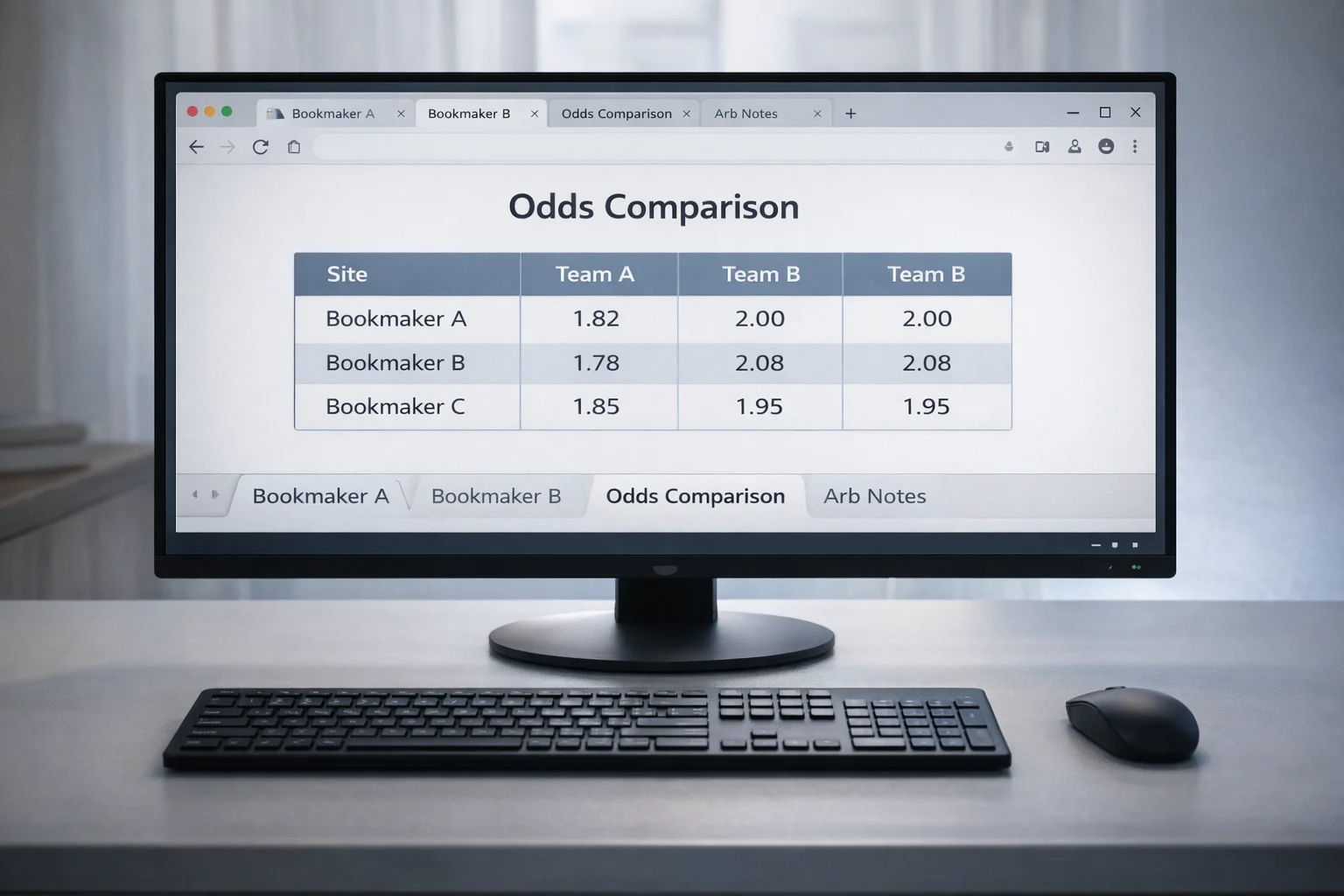 Desktop computer showing multiple browser tabs with different betting websites