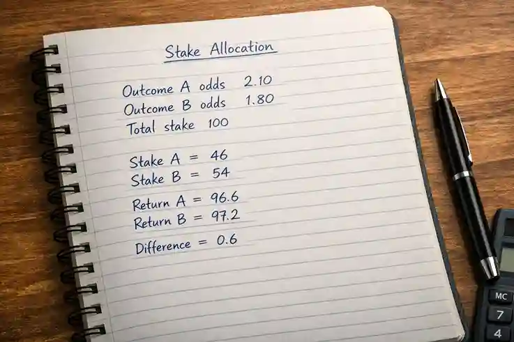 Notepad showing stake allocation calculations with pen