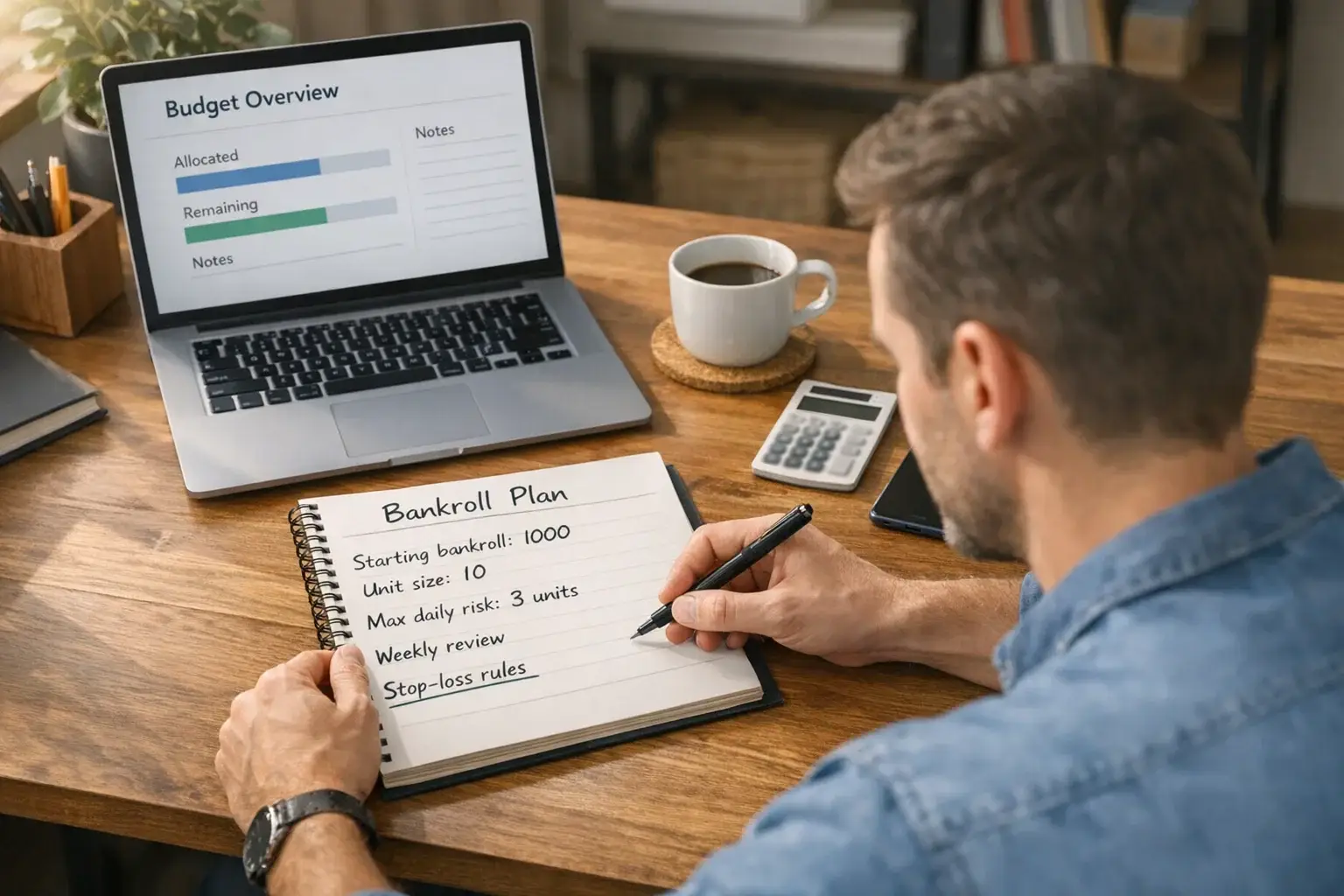 Person planning finances with notebook and laptop showing budget management