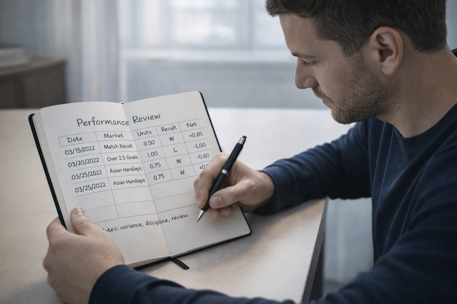 Person reviewing betting performance records in notebook at desk