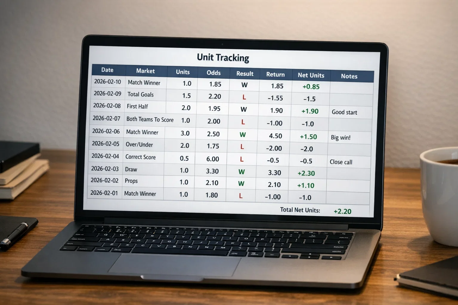 Spreadsheet showing organized betting unit tracking system