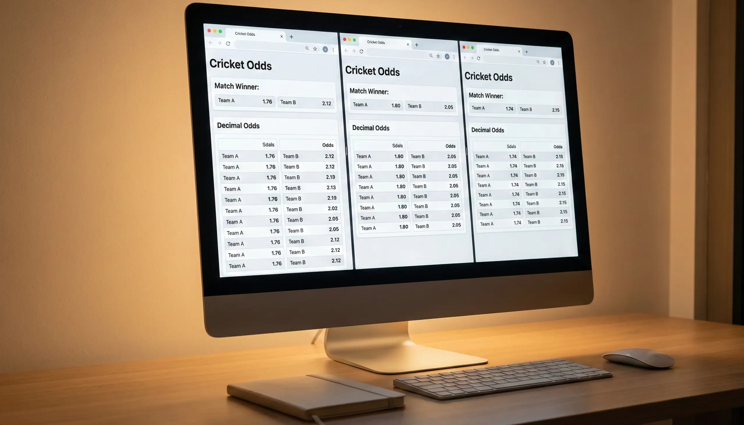 Multiple browser windows showing different bookmaker websites with odds displayed