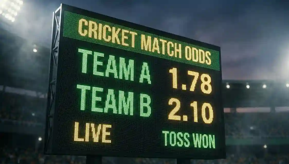 Digital display board showing cricket match betting odds in stadium