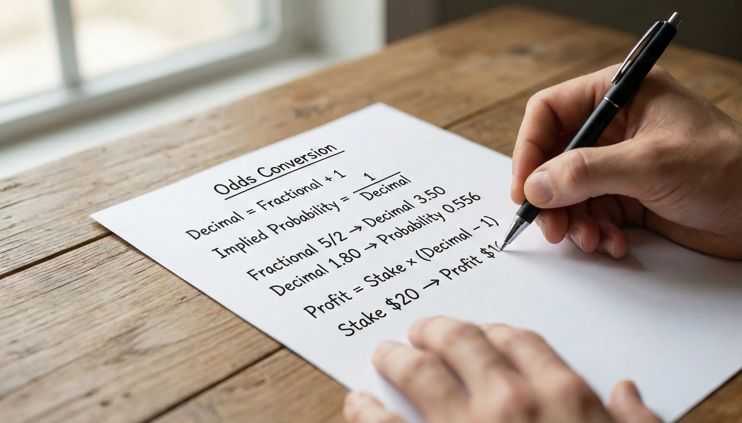 Person writing mathematical calculations on paper with pen