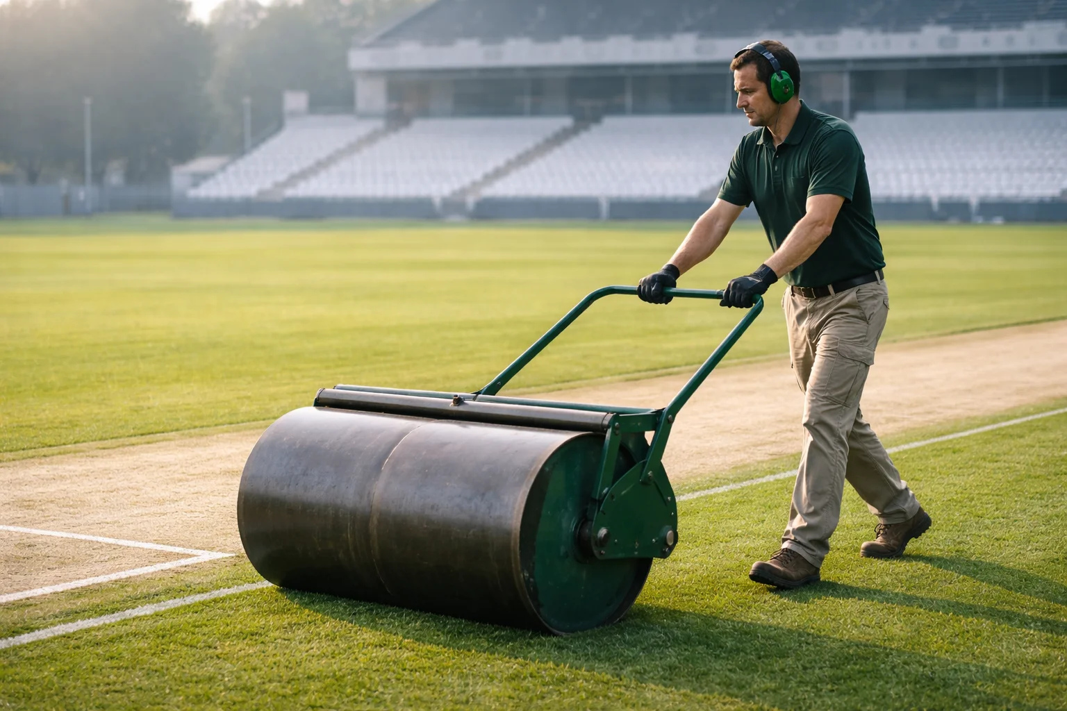 Groundsman preparing cricket pitch with heavy roller on green outfield