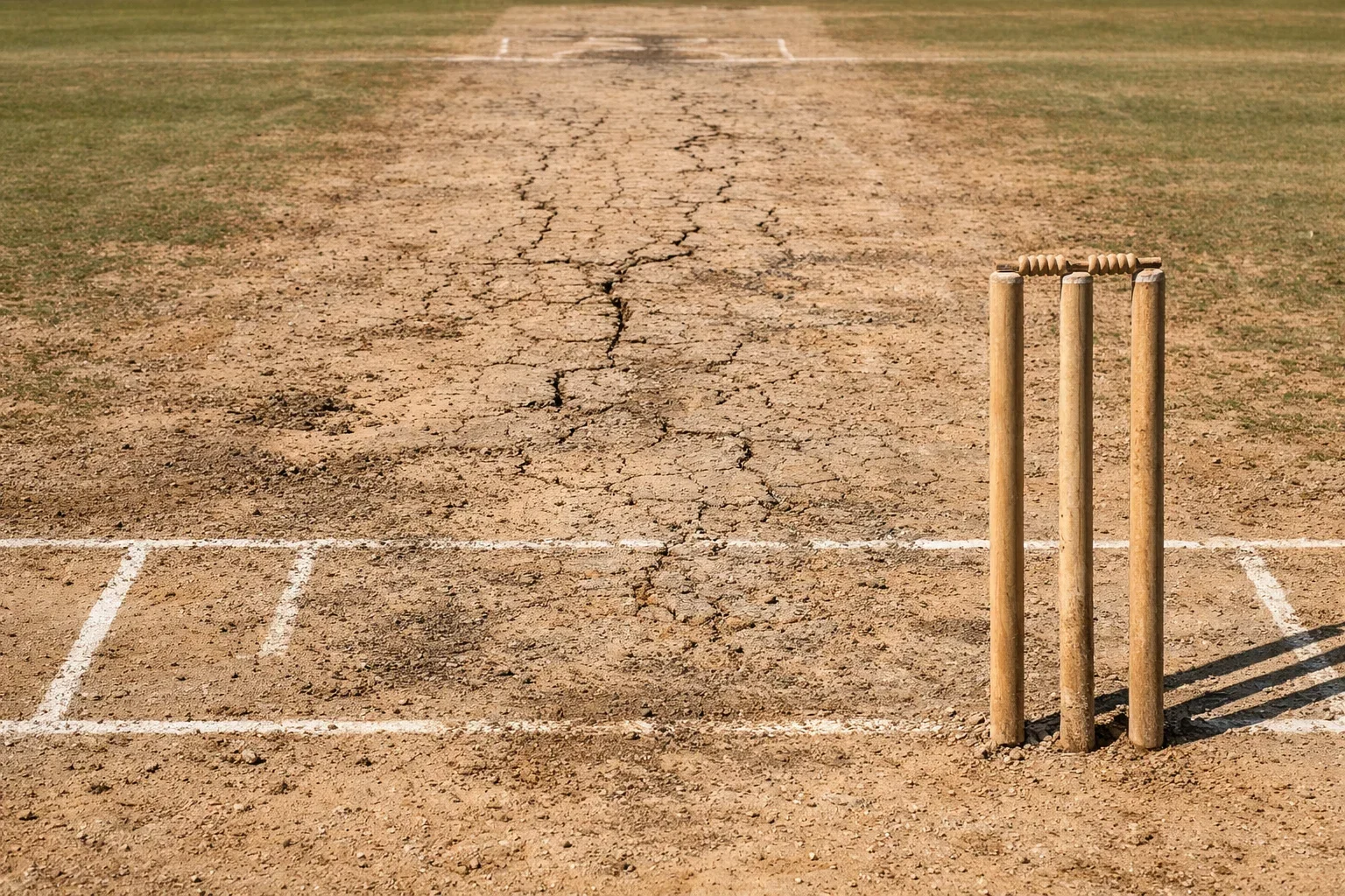 Worn cricket pitch showing cracks and dry patches on day five of Test match