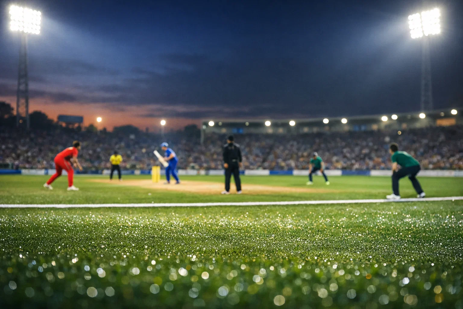 Cricket ground under floodlights at dusk with visible moisture on outfield grass