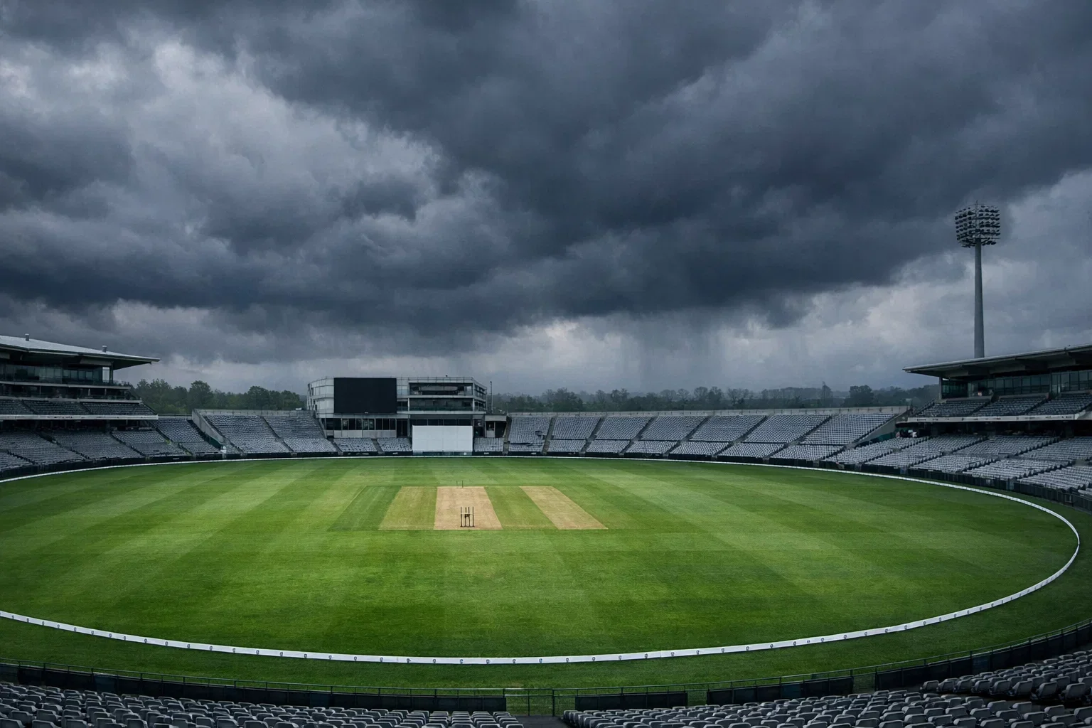 Cricket stadium under dramatic overcast sky with dark clouds gathering