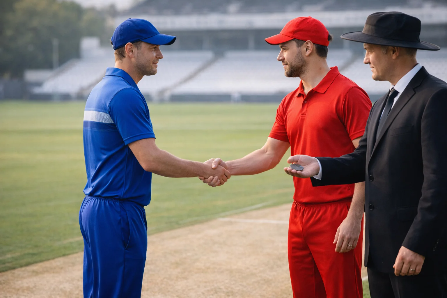 Two cricket captains shaking hands after toss with umpire present