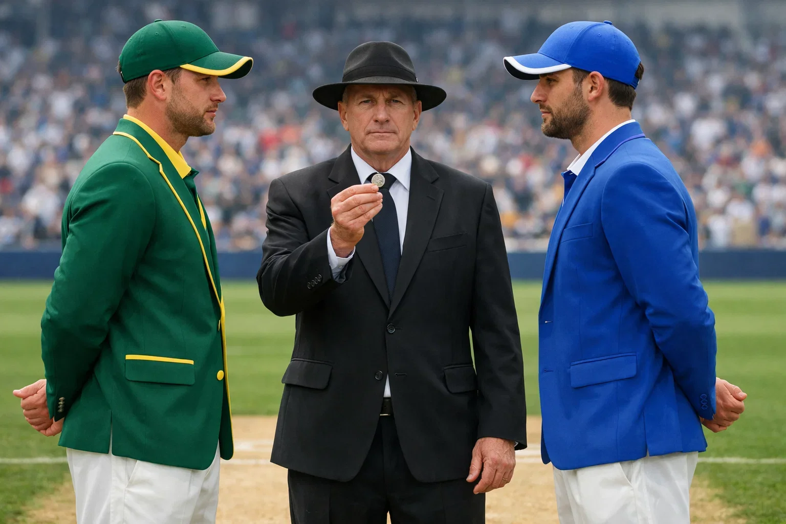 Cricket captains at coin toss ceremony with match referee on pitch