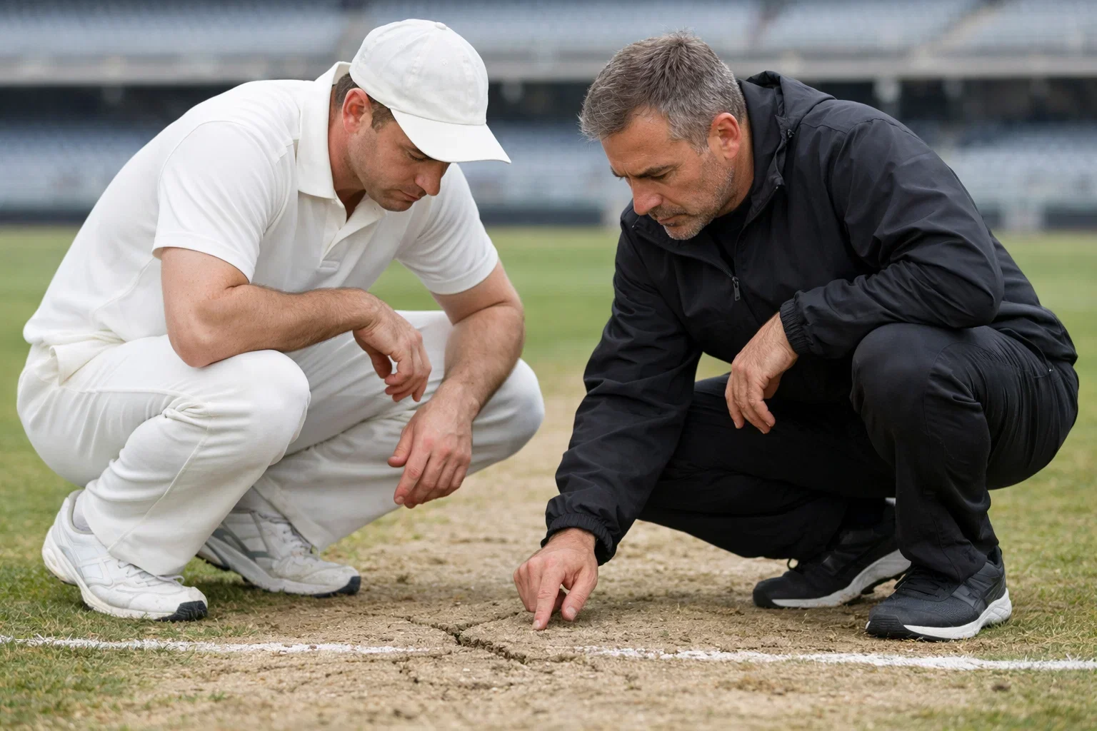 Cricket captain and coach inspecting pitch surface before match