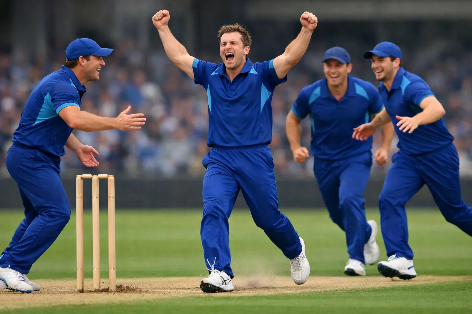 Cricket bowler celebrating wicket with teammates gathering around
