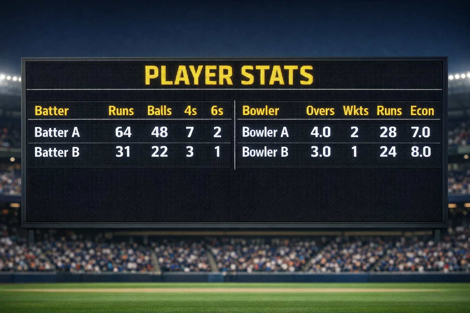 Cricket statistics display board showing player performance figures