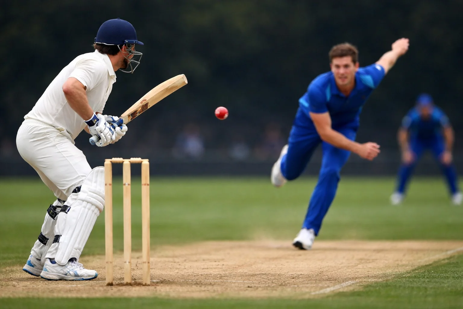Intense moment between batsman and bowler facing each other on pitch