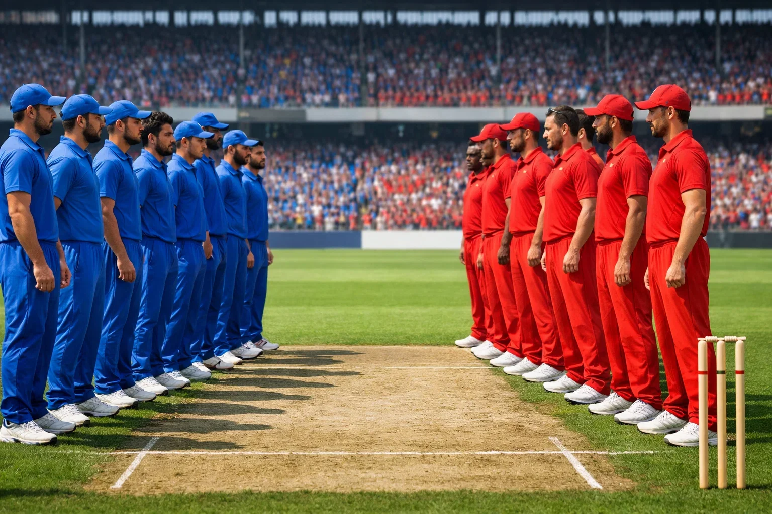 Two cricket teams facing each other on field before intense rivalry match