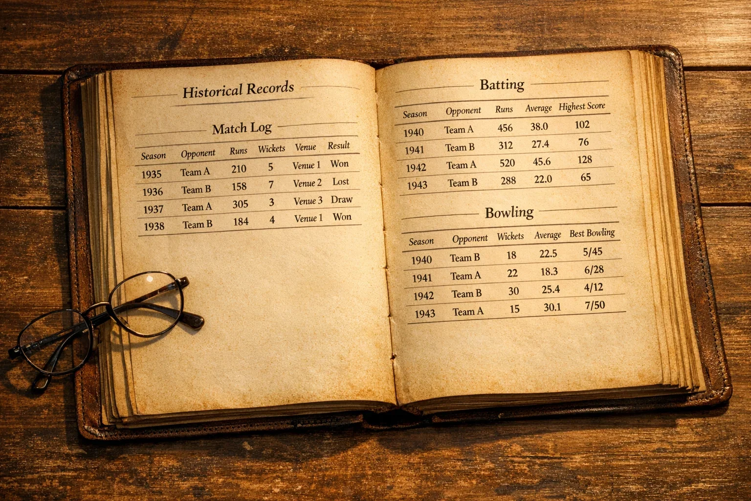 Cricket historical records book open on desk with statistics visible