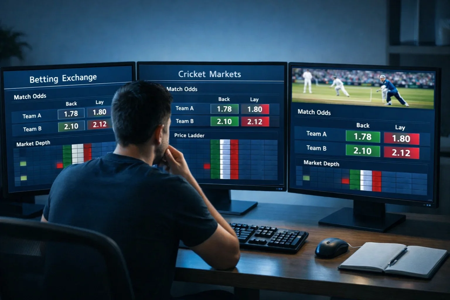 Person trading on betting exchange platform with multiple screens showing odds