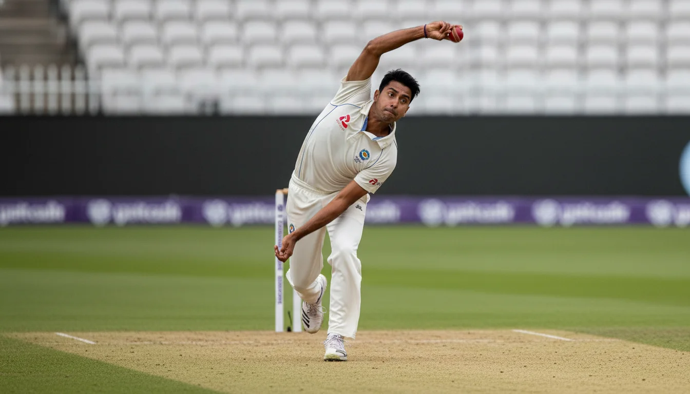 Fast bowler in delivery stride about to release the ball