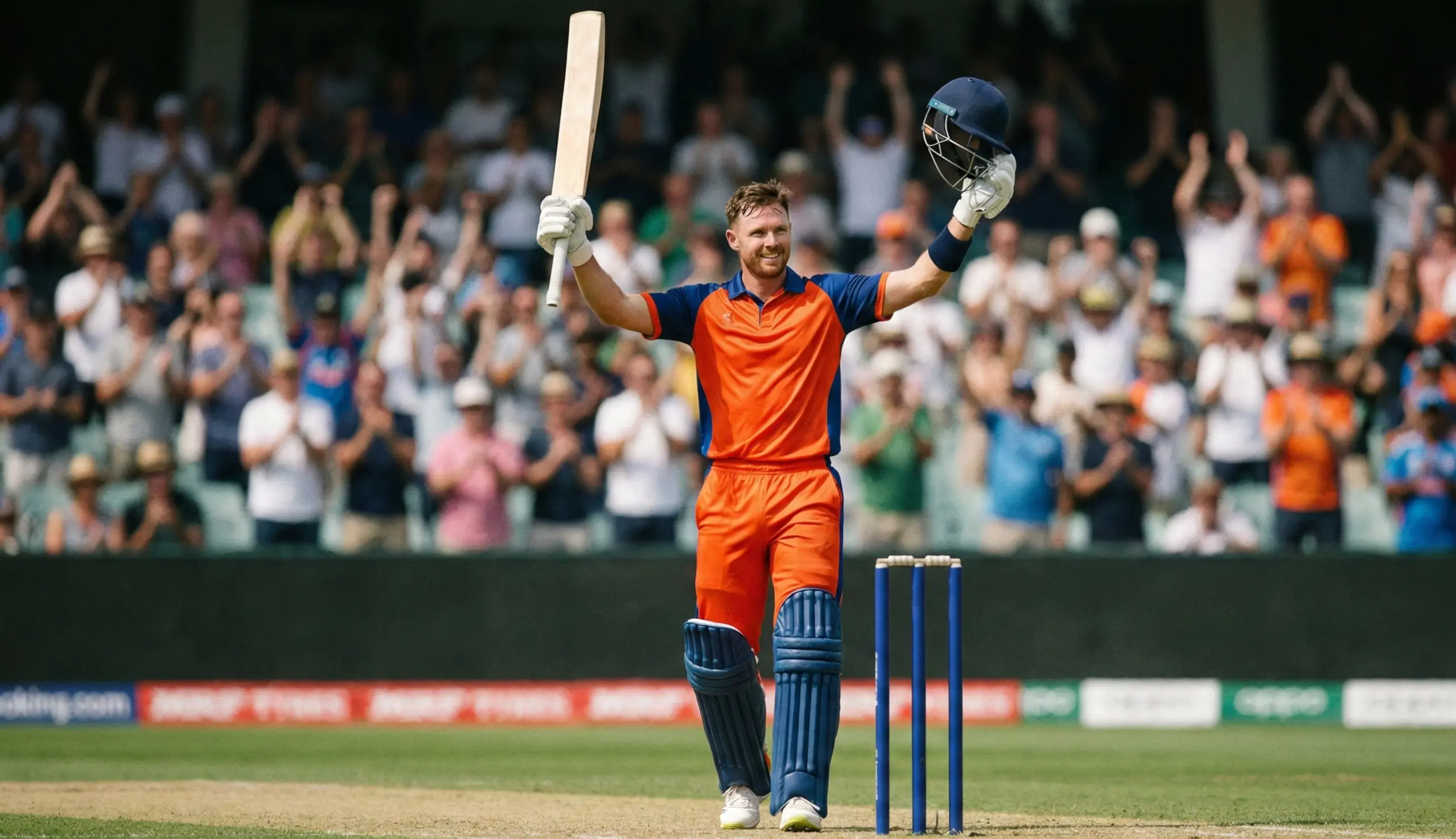 Cricket batsman raising bat celebrating century with crowd cheering